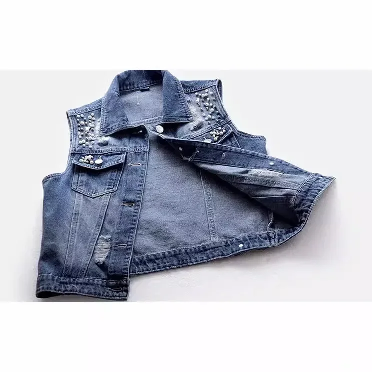 Gilet en jean pour femmes, nouveau Style de lavage, déchiré, broderie, veste sans manches, effet amincissant polyvalent, printemps été 2025