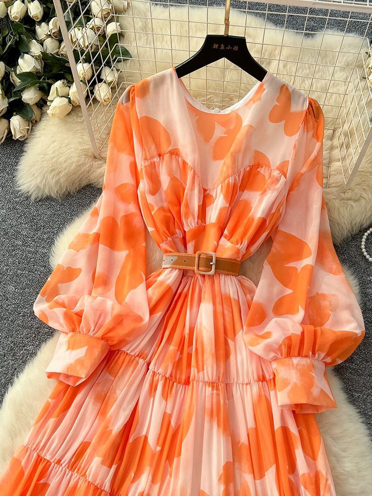 Robe longue imprimée à manches longues pour femmes, grande balançoire, mode française, Style plage, cintrée, col rond, Y01, printemps été