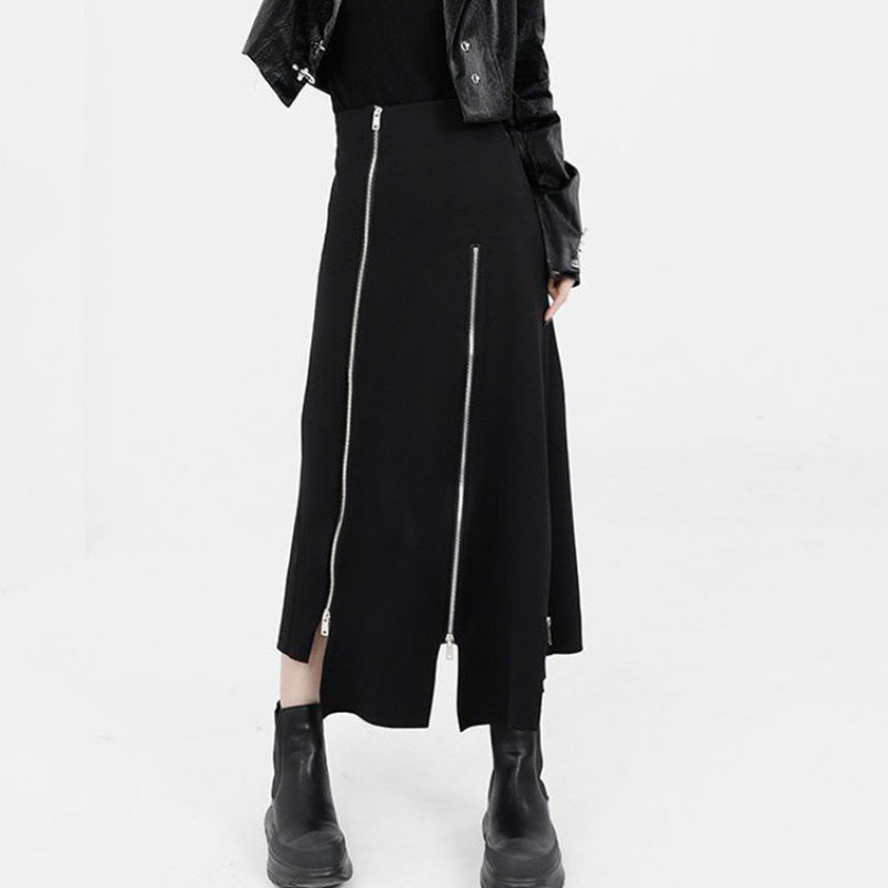 Jupe taille haute pour femme, style punk Harajuku, irrégulière, fermeture éclair, gothique, noir, hip hop, streetwear