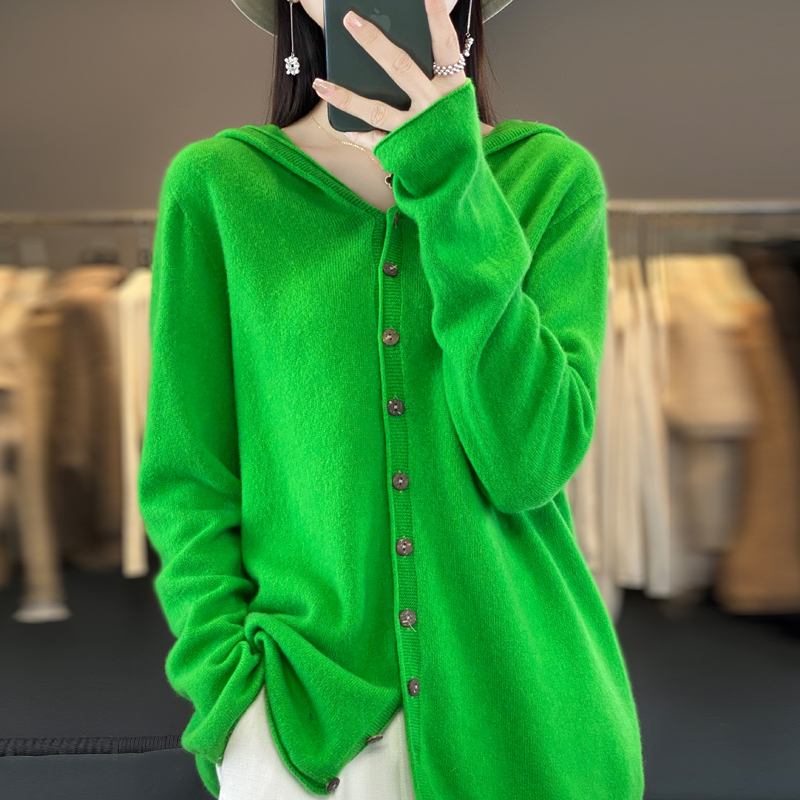 Cardigan à Capuche en Cachemire 100% Laine Mérinos pour Femme, Pull Solide, Tricot Chaud