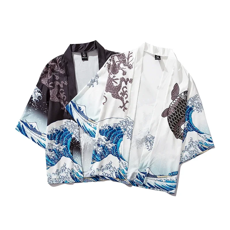 Cardigan Kimono noir pour femmes et hommes, Obi japonais, Yukata, Haori, manteau imprimé de carpe ondulée japonaise, vêtements traditionnels japonais