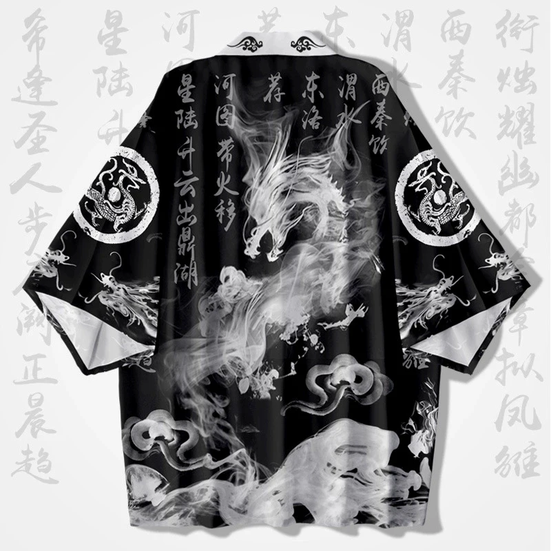 Kimono japonais pour femmes, vêtements traditionnels japonais, imprimé Dragon à l'encre, Cardigan d'été de haute qualité, demi-manches, ample et confortable