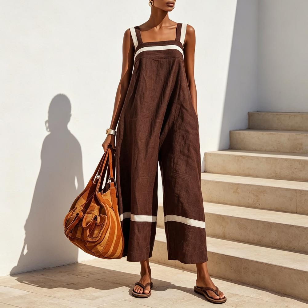 Robe d'été pour femmes, robe en coton et lin sans manches à blocs de couleur, robe longue ample pour les vacances avec poches, vêtements pour femmes