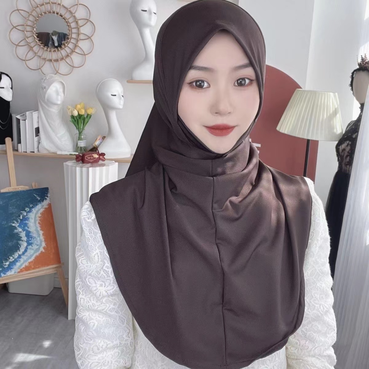 H124 Adultes haute qualité grande taille musulman hijab écharpe avec partie du menton foulard islamique chapeaux armia tirer sur bandeau turban casquettes