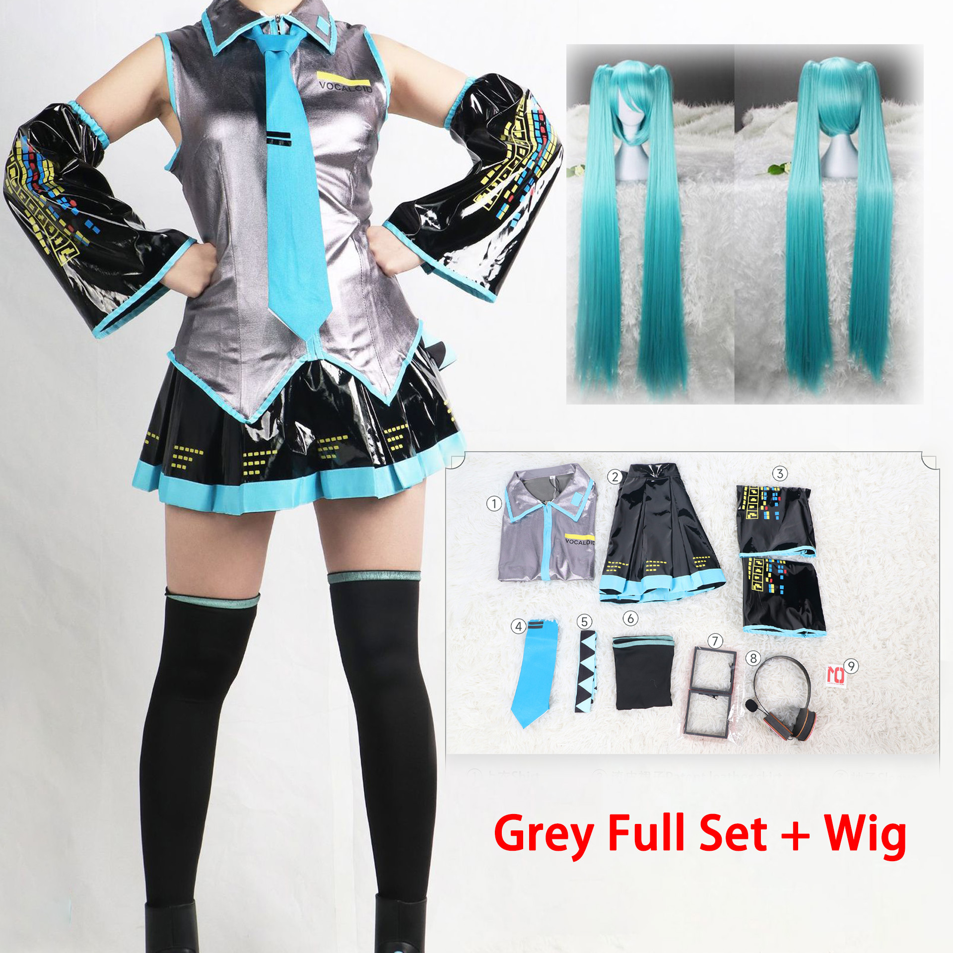 Costume de Cosplay Miku, ensemble complet en tissu cuir argenté, couvre-chef de Cosplay, tenue de Costume, robe de marin JK, uniforme scolaire