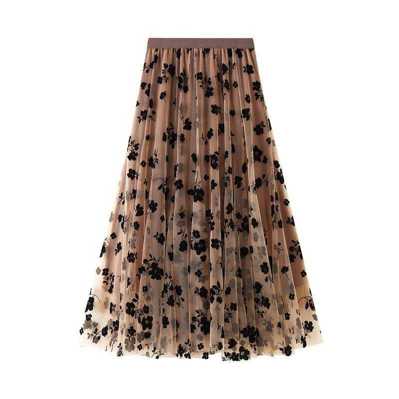 Jupes mi-longues plissées à fleurs pour femmes, jupes en tulle, taille haute, flocage coréen, maille élégante, dames de bureau, été, nouveau