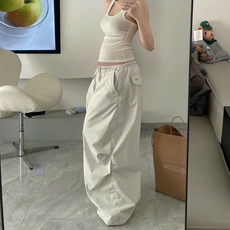 Deeptown Beige surdimensionné femmes Parachute pantalon basique jambe large Jogging mode coréenne Cargo pantalons de survêtement Baggy Hip Hop décontracté nouveau