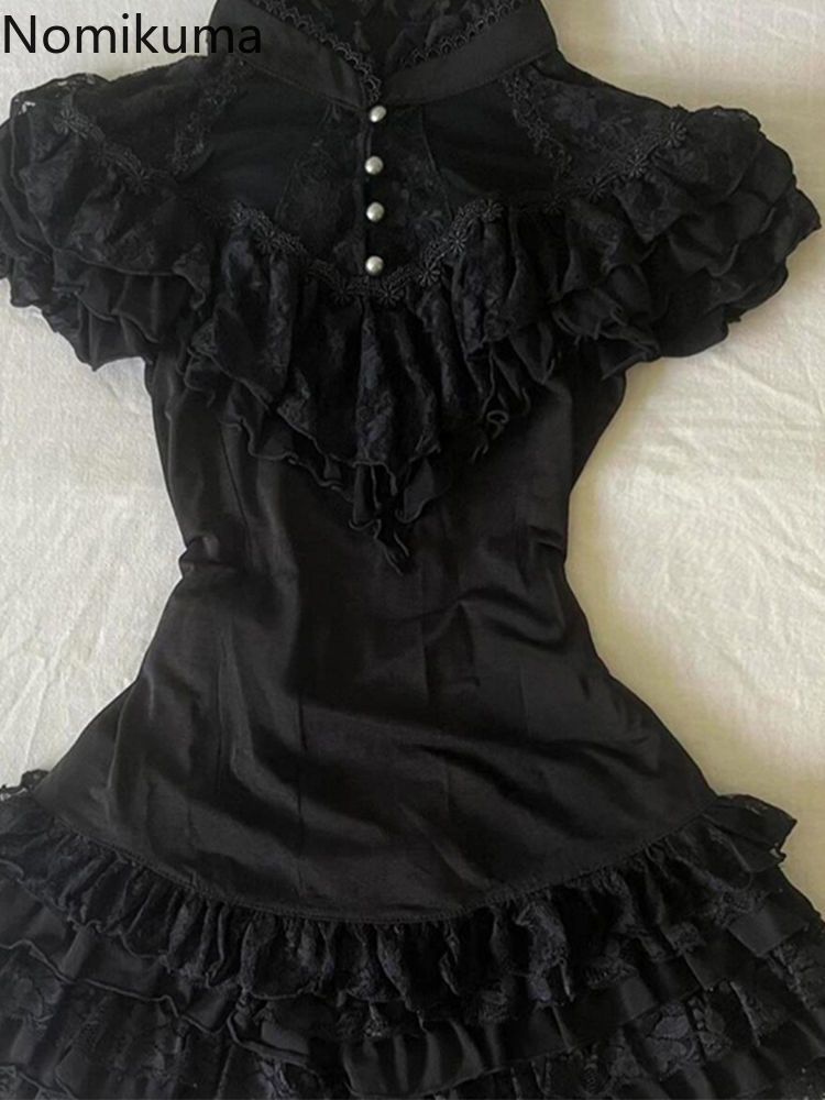 Ensemble jupe et haut pour femme, noir, 2 pièces, tunique à col montant, hauts patchwork, mini-jupes en dentelle, tenues chics d'été, ensemble élégant