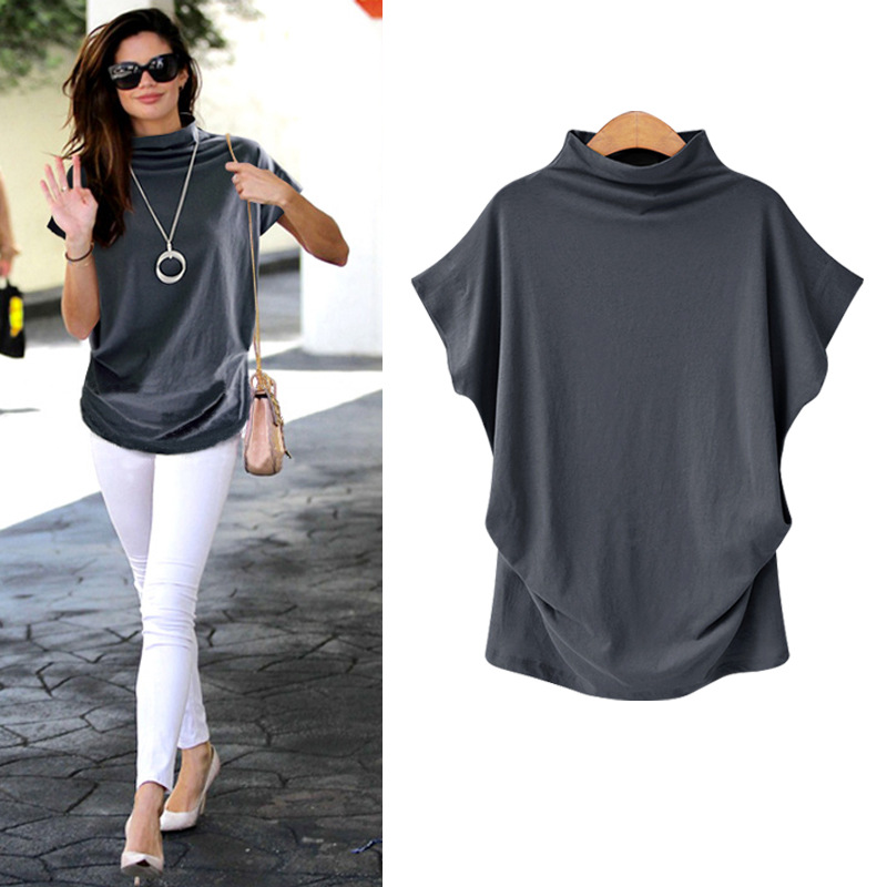 6XL femmes été T-Shirt manches courtes chauve-souris ample solide gris col roulé T-Shirt 2019 nouveaux T-Shirts Femme T-Shirts hauts
