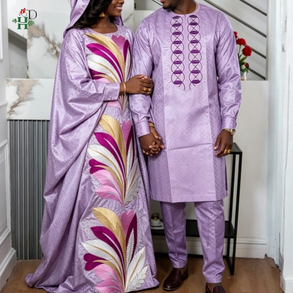 Robes africaines H&D pour couple, ensemble traditionnel violet assorti, tenue brodée pour homme, robe originale de Dubaï pour femme.