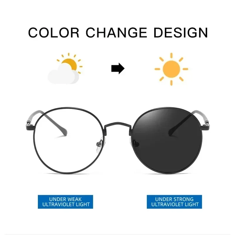Lunettes photochromiques en métal, monture ronde, Anti lumière bleue, verres plats et transparents universels