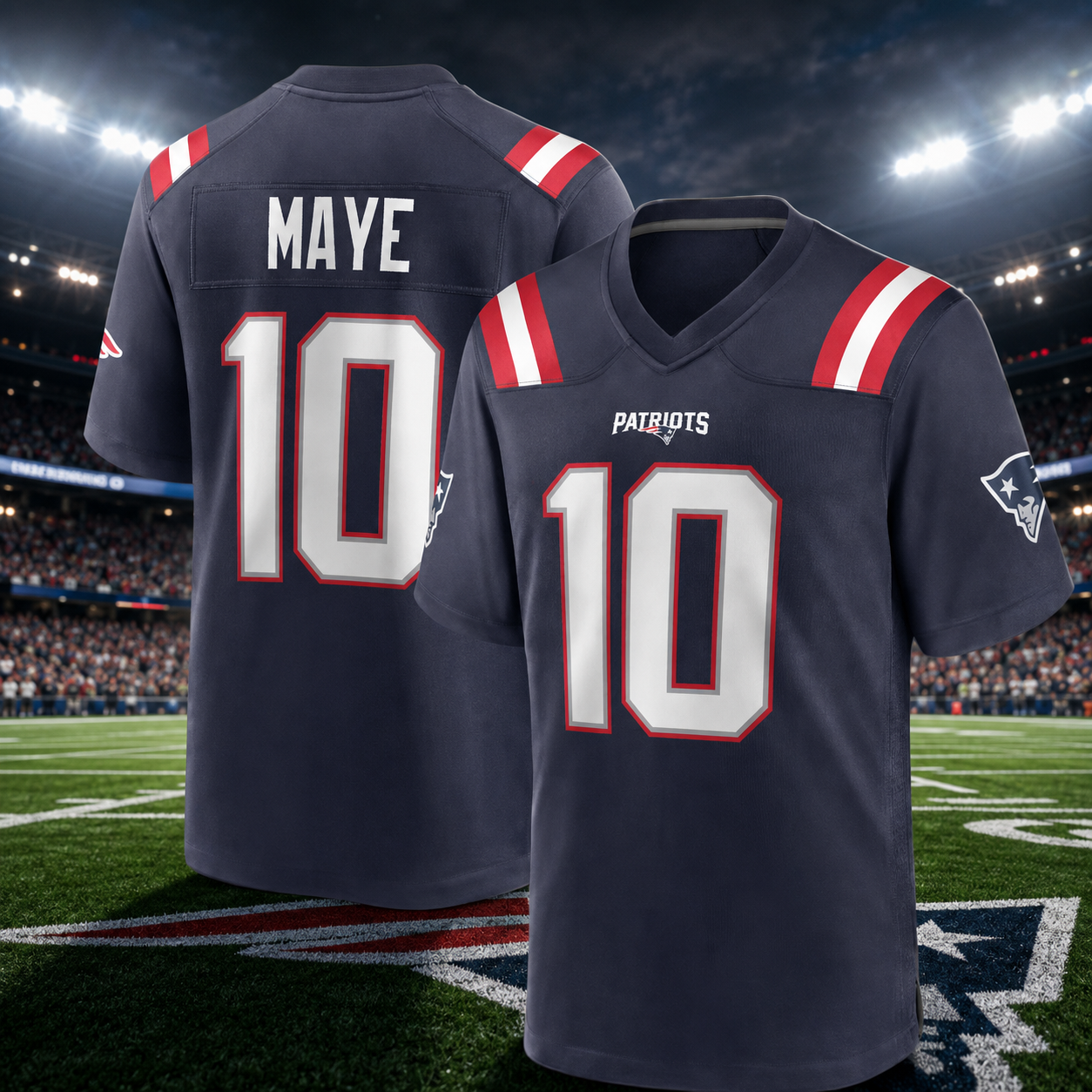 Maillot de football Patriots Maye n°10 à impression double face, uniforme de jeu à manches courtes et col en V pour hommes, maille respirante à motif œil d'oiseau, soutien pour les supporters.