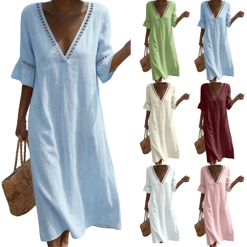 Robes longues fluides en dentelle à manches mi-longues et col en V pour femmes, coupe ample en gaze de coton
