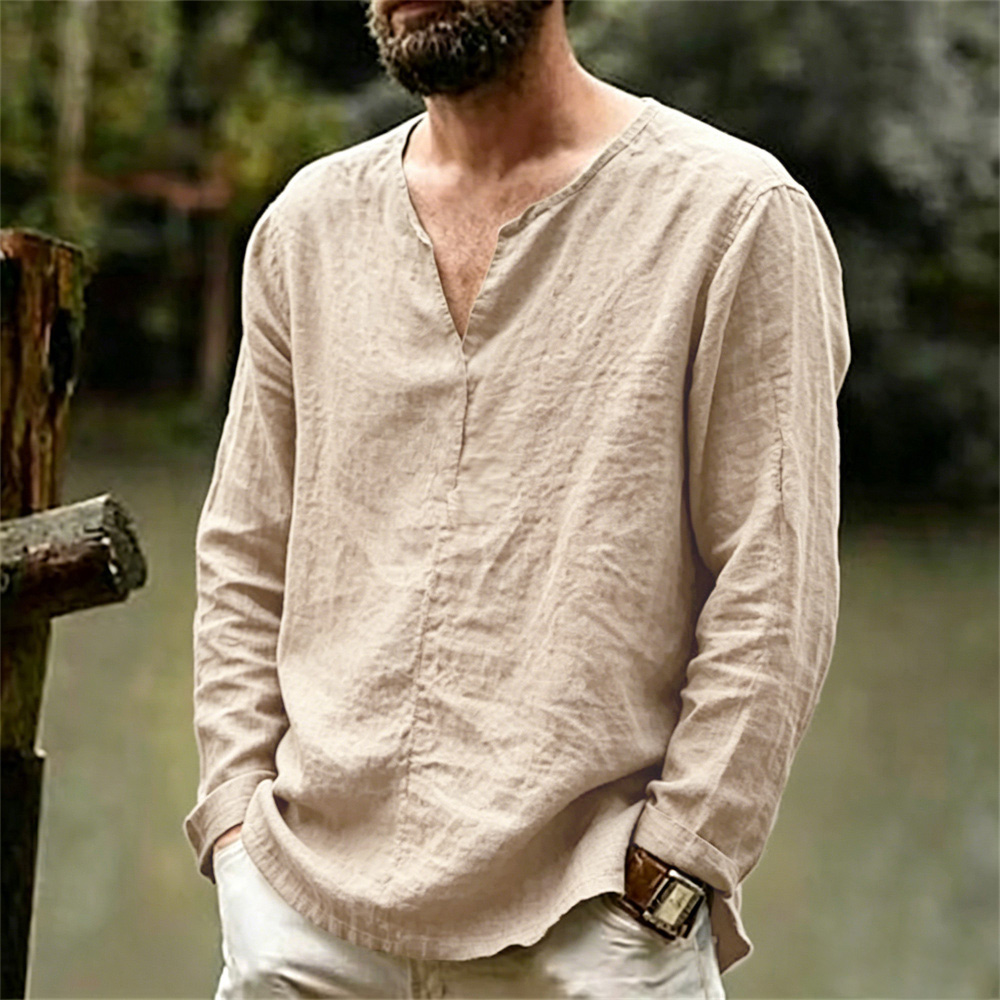T-shirt à manches longues en coton et lin pour homme, couleur unie, respirant, léger, décontracté, confortable, style simple, hauts basiques pour homme