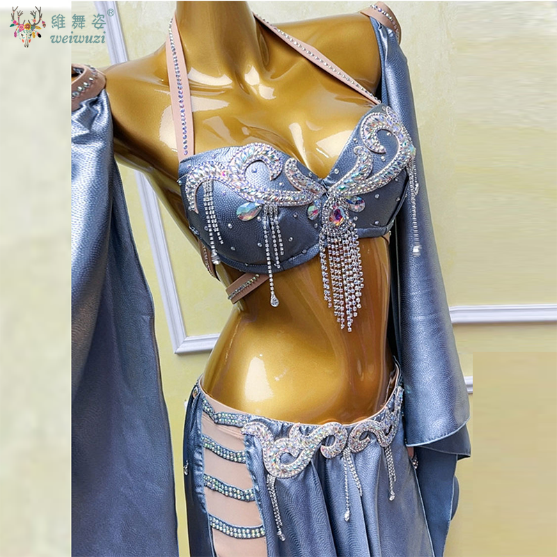 Robe de spectacle de danse du ventre orientale pour femmes, Double fente, Costume élégant et magnifique, tenue de compétition de spectacle de danse pour femmes
