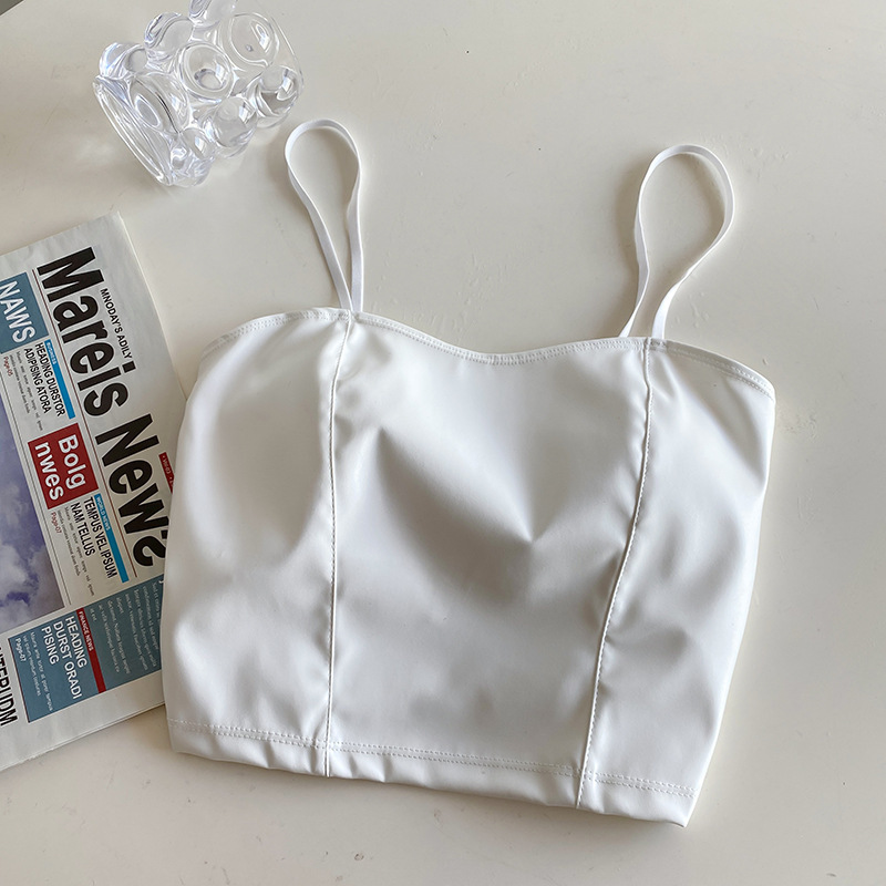 Sexy ventre nu en cuir PU licou culture hauts femmes avec soutien-gorge Pad Spaghetti sangle débardeur Camis femme sans manches recadrée gilet