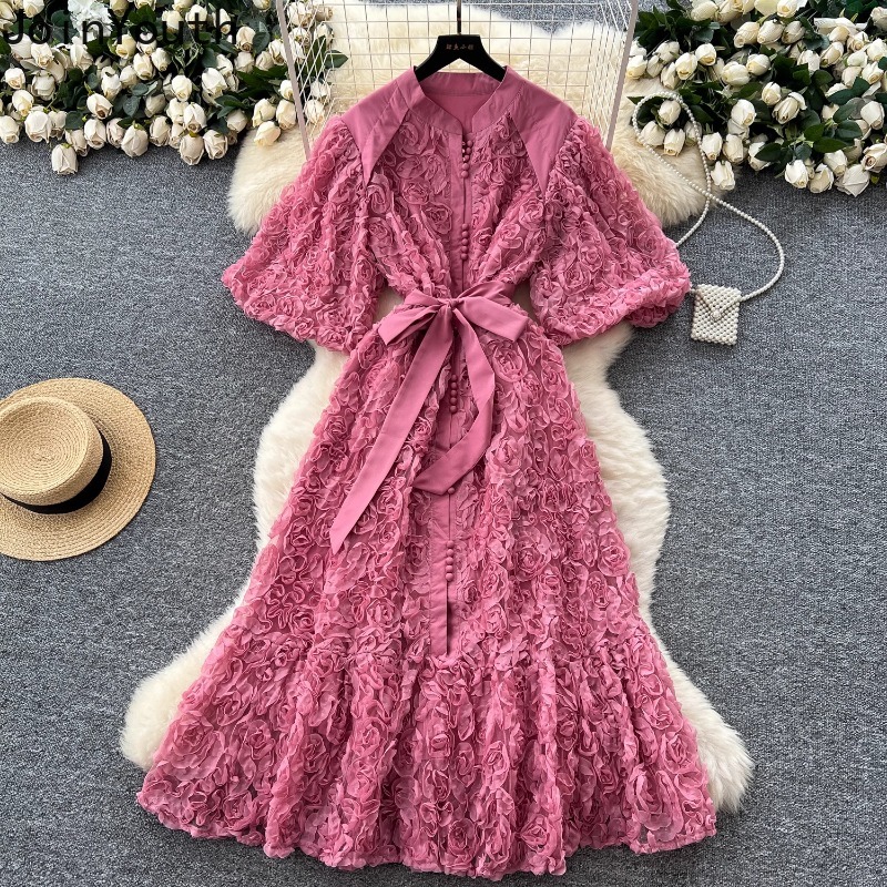 Femme élégante robes lourd 3D Floral doux Chic Robe Femme taille mince simple boutonnage pansement Maxi Robe 2025 robes De Mujer