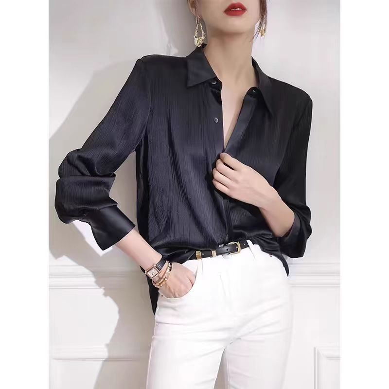 Chemises pour femmes printemps nouveau noir Satin Texture ample à manches longues Blouse élégante bureau dame vêtements de travail mode femme vêtements