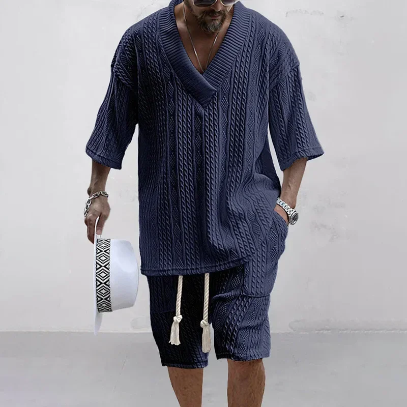 Ensemble deux pièces tricoté pour hommes, ensemble Short et haut décontracté, col en v, T-shirt à manches courtes et Short, Streetwear, tenues en tricot, été
