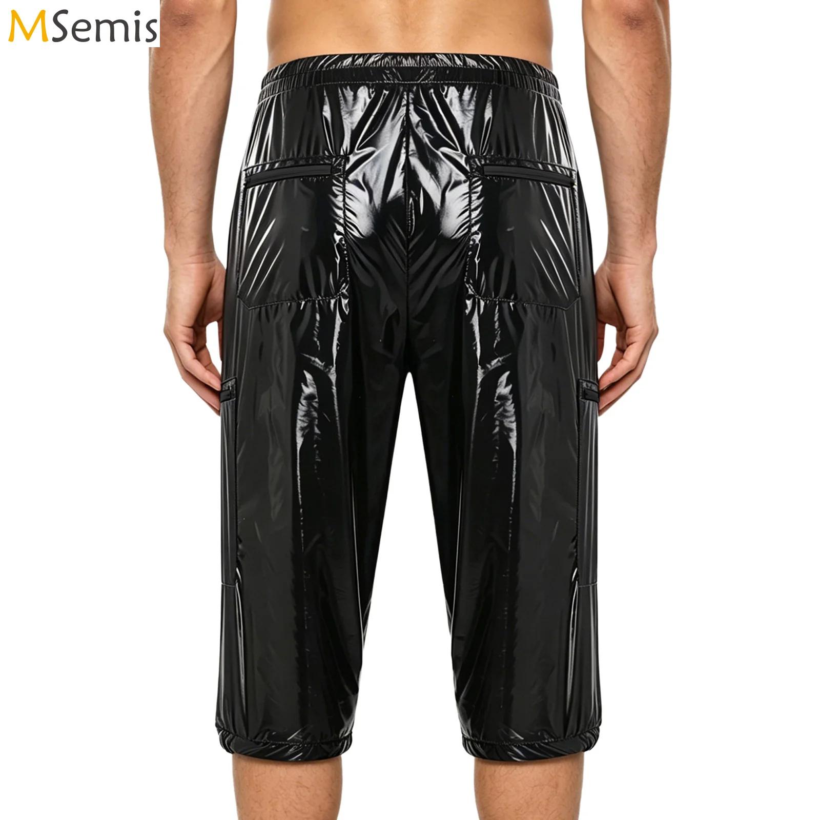 Pantalon Capri Brillant pour Homme, Coupe Courte, Décontracté, Extérieur, Multi-poches, Fermetures Éclair, Taille Élastique, Style Salopette, Tenue de Club