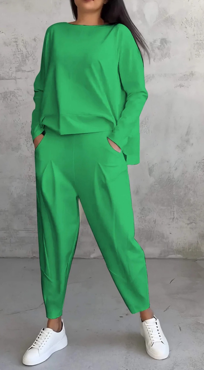 Ensemble de survêtement pour femme, 2 pièces, col rond, manches longues, t-shirt ample, pantalon uni avec poches, style décontracté