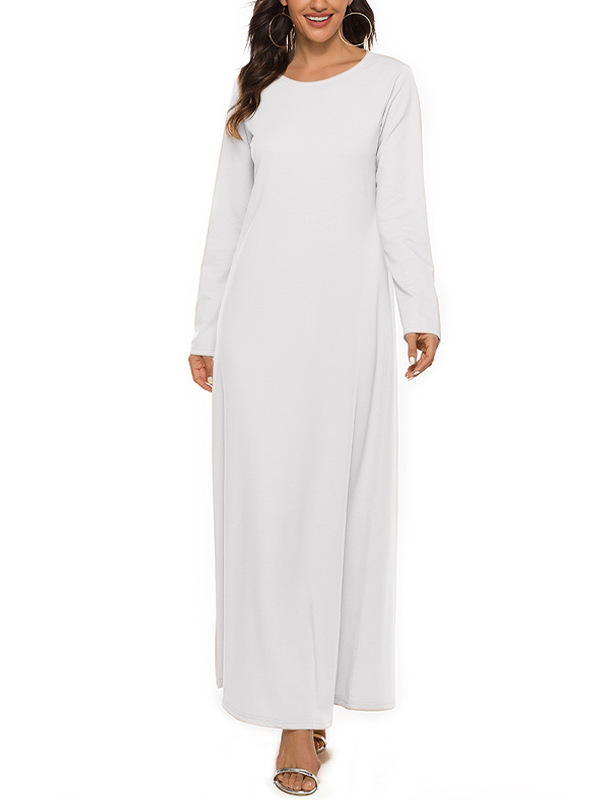 Robe de culte musulmane pour femmes, manches longues, col rond, robe unie du Moyen-Orient, robe de document basique