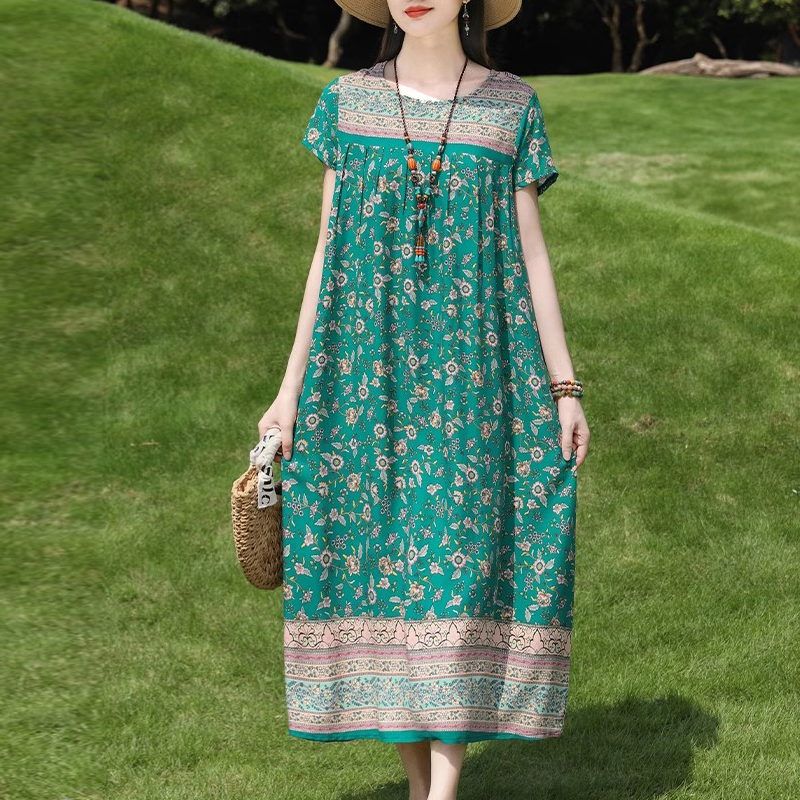 Nouvelle mode décontractée 2025 été robes élégantes pour les femmes col rond imprimé Vintage à manches courtes robe en vrac femmes vêtements