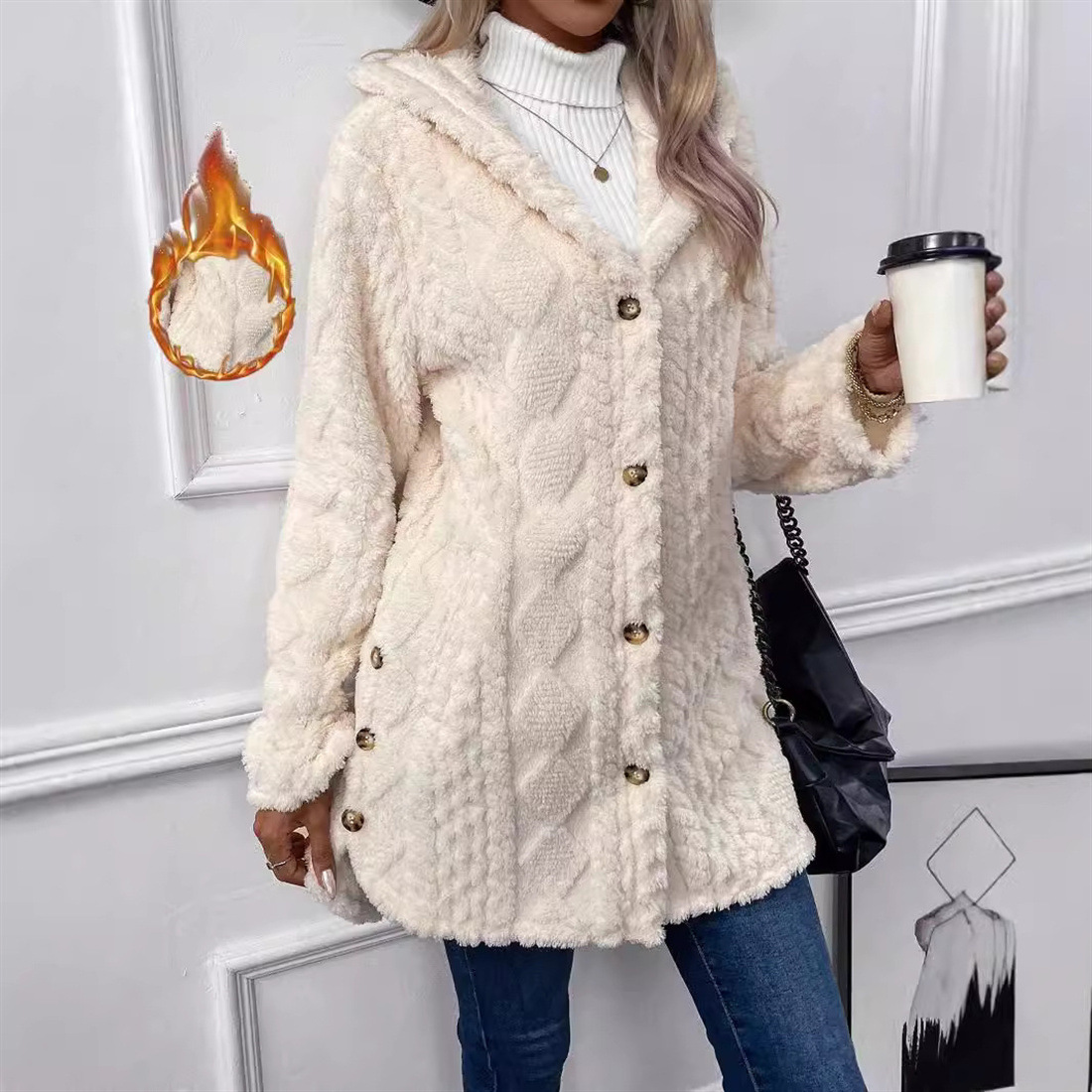 Femmes Cardigan veste à capuche automne hiver Argyle motif texturé à capuche ourlet irrégulier boutons polaire surdimensionné manteau d'extérieur