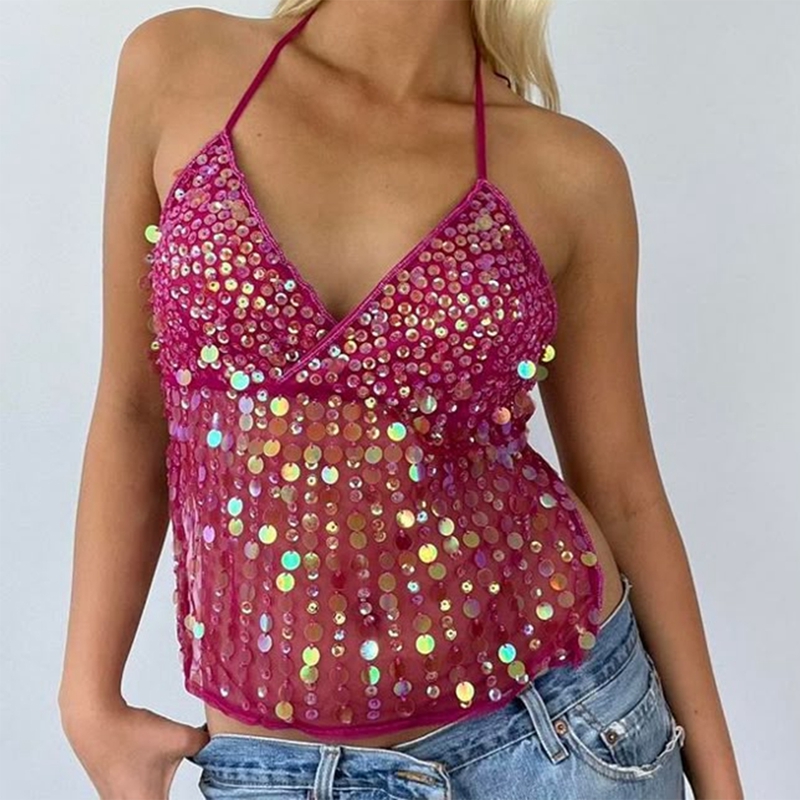 Haut court à paillettes pour femmes, col en V, dos nu, débardeur scintillant, Camisole Sexy, fête Rave, tenues des années 2000