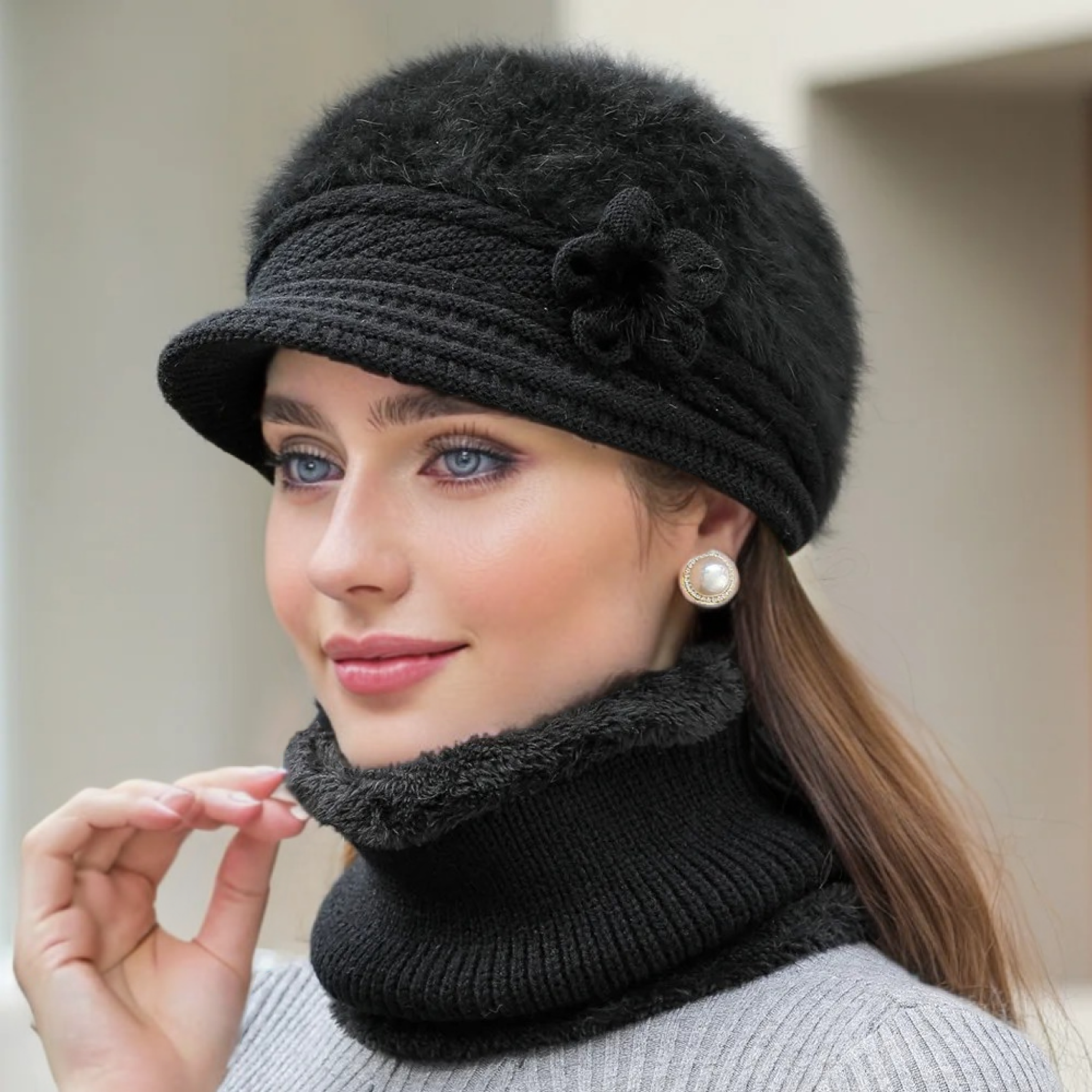 Offre spéciale femmes chapeau d'hiver garder au chaud casquette en peluche fourrure doublé chapeau et écharpe ensemble chaud