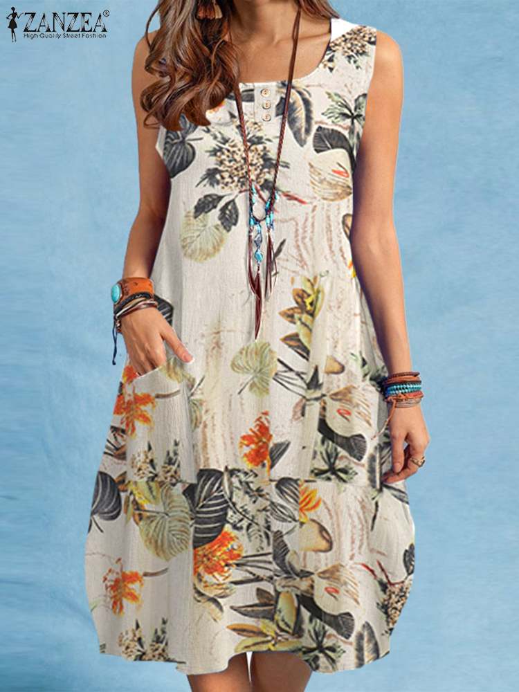 ZANZEA bohème Robe de plage été Vintage imprimé fleuri Robe d'été femmes sans manches genou longueur Robe vacances robes Sarafans