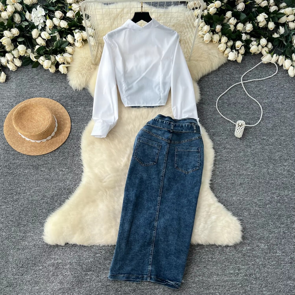 Ensemble deux pièces Vintage pour femmes, col rabattu, chemise épissée de Cowboy et jupe fendue taille haute, vêtements coréens de rue, automne