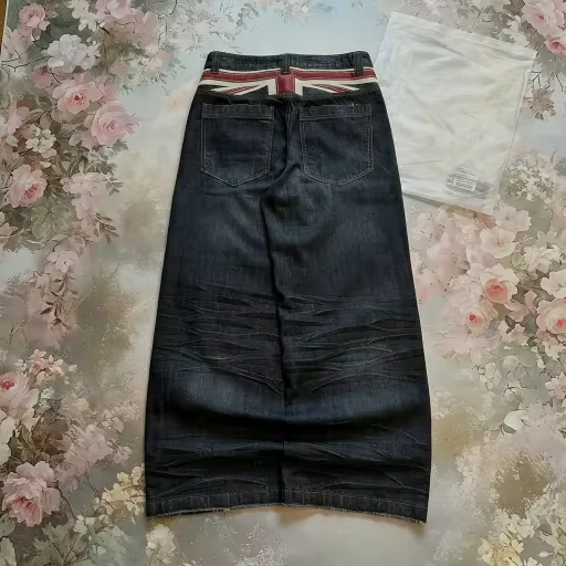 Jean baggy délavé taille haute pour hommes et femmes, motif Union Jack vintage, coupe large, style streetwear décontracté 2026
