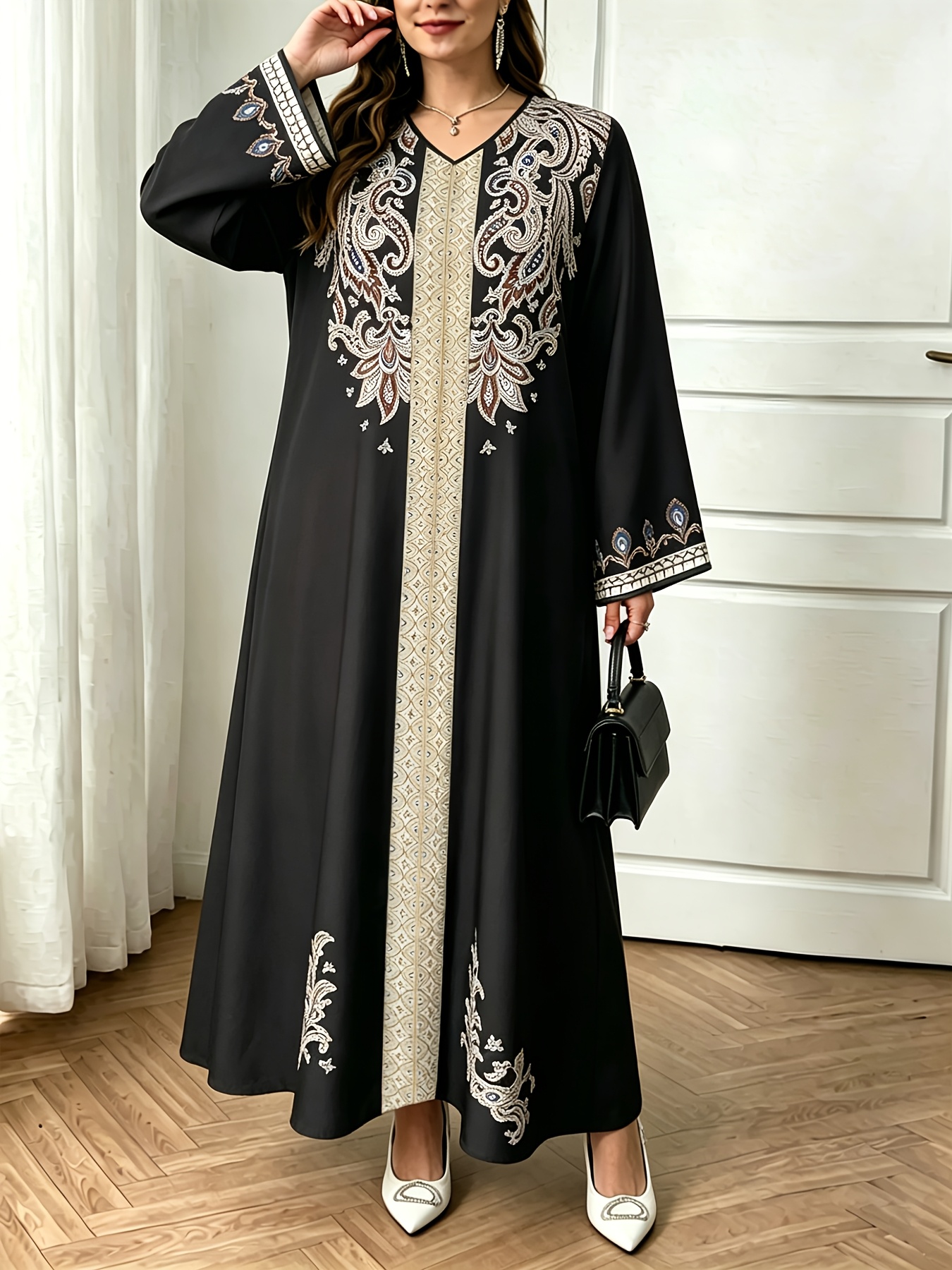 Robe du Moyen-Orient Printemps Automne Mode Femme Imprimé Ethnique Décontractée Confortable Style Vacances Robe à Manches Longues