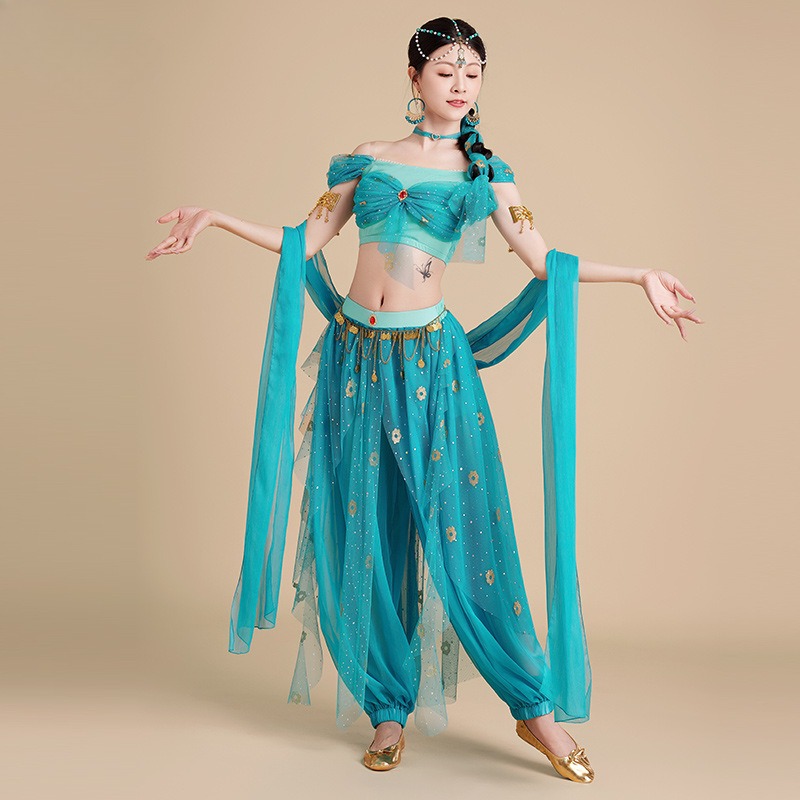 Costume de princesse arabe Jasmines, Cosplay, lampe d'aladdin, robe de danse indienne, ensemble vert pour femmes, tenue de jeu de rôle pour fête d'halloween