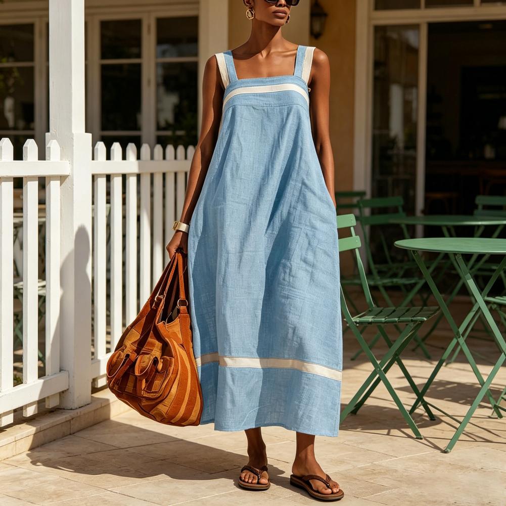 Robe d'été pour femmes, robe longue ample en coton et lin sans manches, décorée de pompons, avec poches, idéale pour les vacances