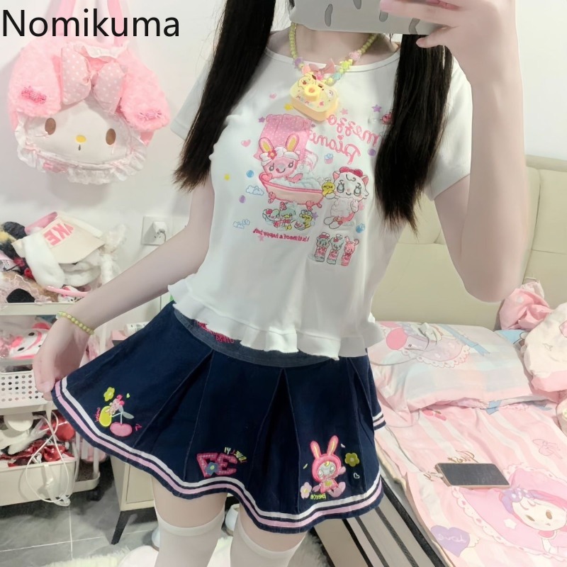 Denim Mini jupes 2025 Faldas Mujer De Moda mignon a-ligne douce Jupe été Chic Saia dessin animé broderie plissée Y2k Jupe femmes