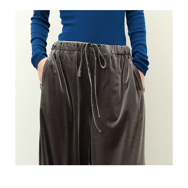Pantalon haut de gamme en velours de soie pour femmes, chemise à jambes larges longueur au sol gris foncé, ample et décontracté pour l'extérieur, grande taille, doux et délicat
