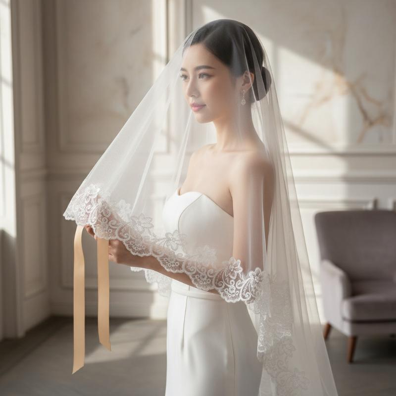 Nouveau voile de mariée court pour un style simple, accessoire de mariage, voile court en dentelle monocouche 1,35 x 1,1 mètres