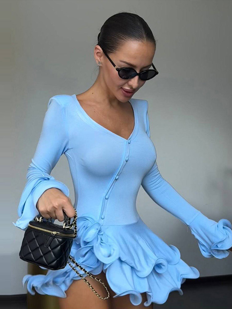 Robe Chic Femme à Volants, Col V, Manches Longues, Boutons à la Taille, Couleur Unie, Mini-Robe Élégante, Mode Été 2026