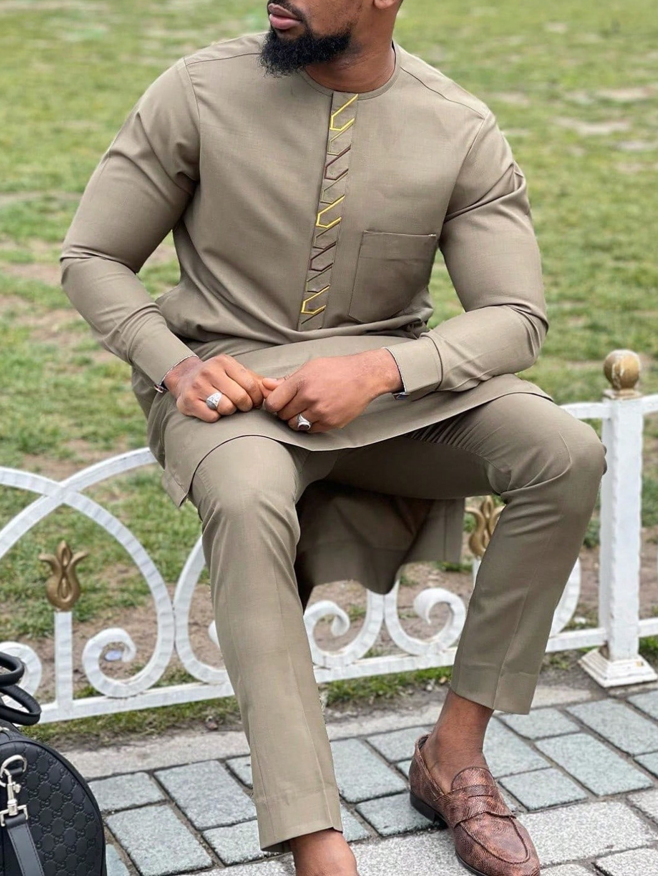 Ensemble africain traditionnel ethnique pour hommes, col rond, poche, proximité en Y, Wstring, Fjsoak, ensemble décontracté, tenues africaines, 2 pièces