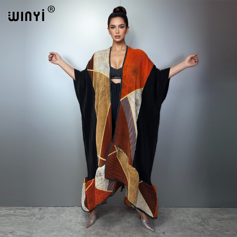 Kimono WINYI tendance pour femme, cardigan plissé imprimé, long manteau abaya, vêtement de plage de luxe Dubaï, robe bohème, caftan