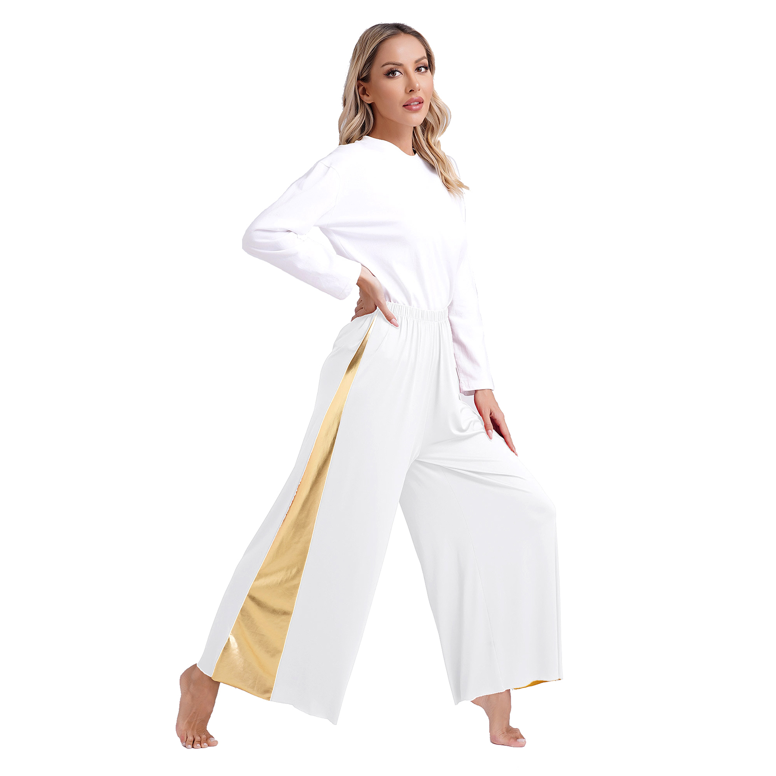 Tenue de danse de culte pour femmes, bloc de couleur métallique, robe de danse d'éloges + pantalon ample, vêtements de danse liturgiques pour spectacle de chorale d'église