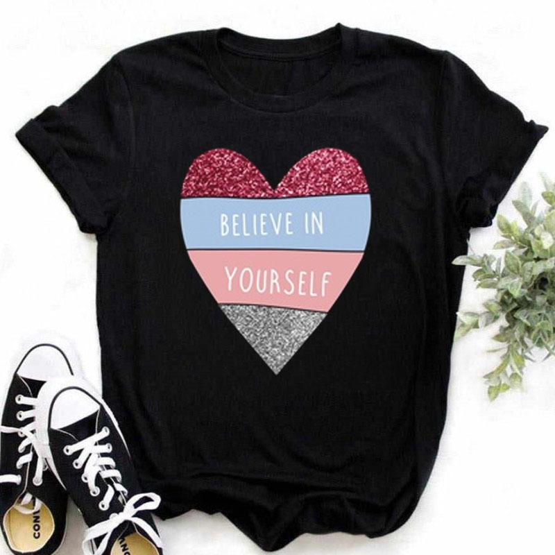 Coton 100% femmes lettres d'amour Simple tendance mignon mode col rond T-shirt à manches courtes Blouse t-shirts hauts t-shirts graphiques