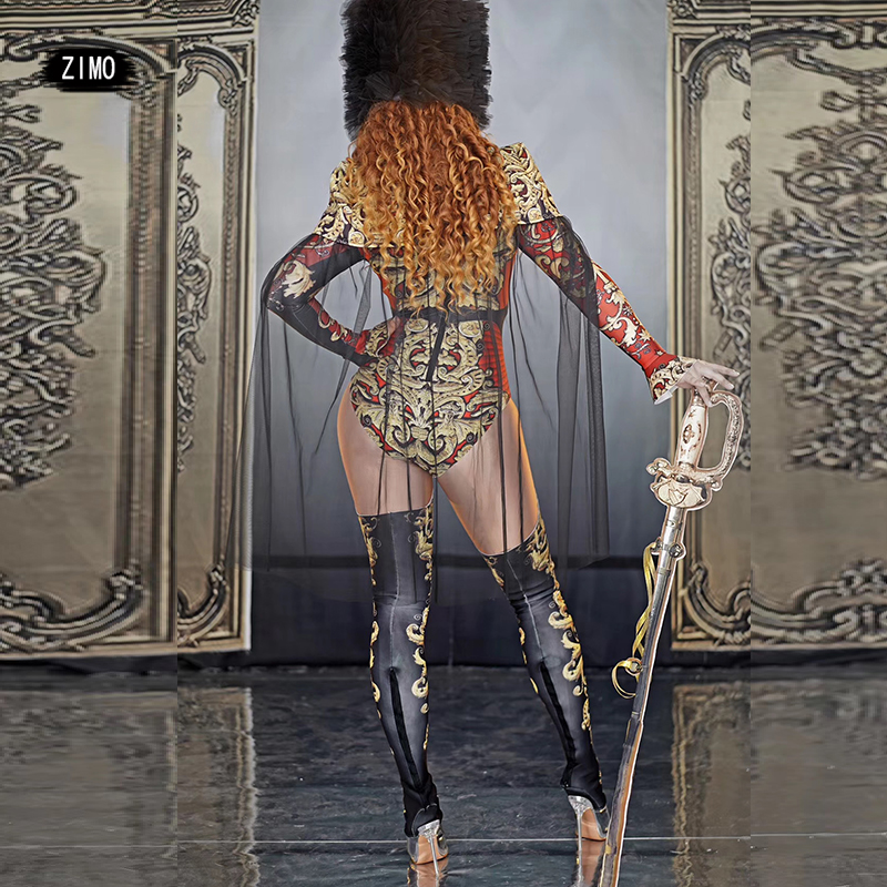 Costume de scène homme/femme, uniforme militaire, combinaison vintage imprimée, cape, tenue de danse, déguisement de drag queen