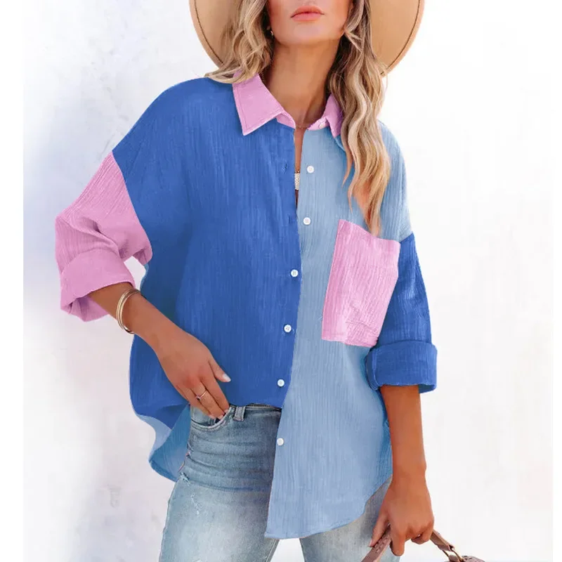 Personnalisé mode femmes nouvelle chemise Patchwork élégant trajet contraste revers boutons Cardigan Streetwear dames Blouses décontractées