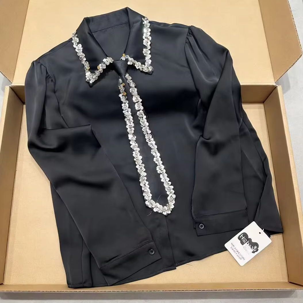 Chemisier blanc de luxe à sequins et cravate pour femme, nouvelle collection printemps-automne, chemisier en satin pour femme, hauts de bureau, vêtements de soirée pour femme