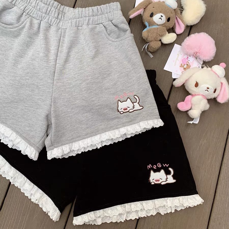 Short chaton femme été INS mode version coréenne Y2K ample loisirs sport jambes larges taille élastique