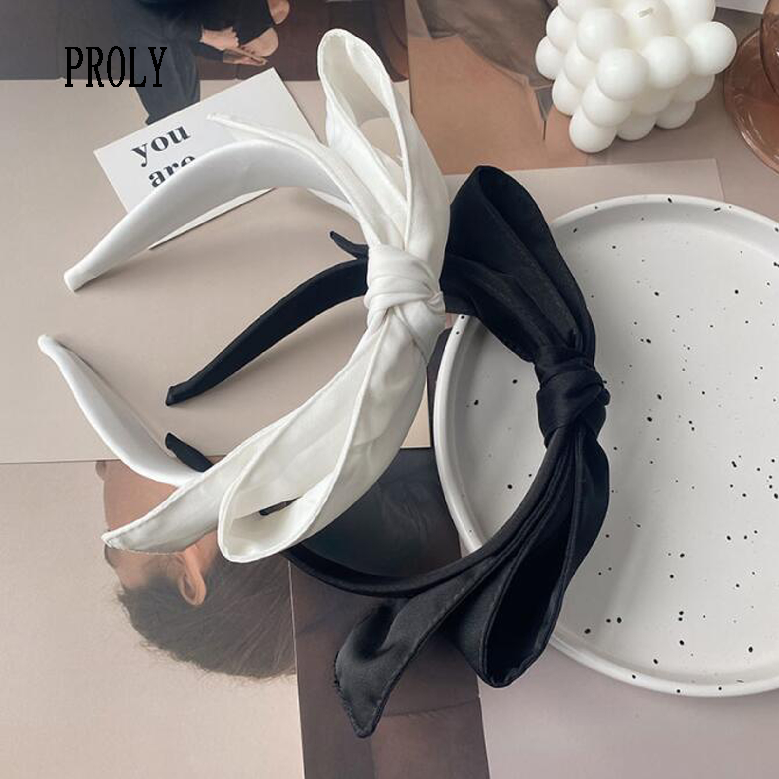 PROLY-Turban double couche avec gros nœud papillon pour femme, bandeau de sauna, noir et blanc, accessoires pour cheveux pour filles, nouvelle mode, automne