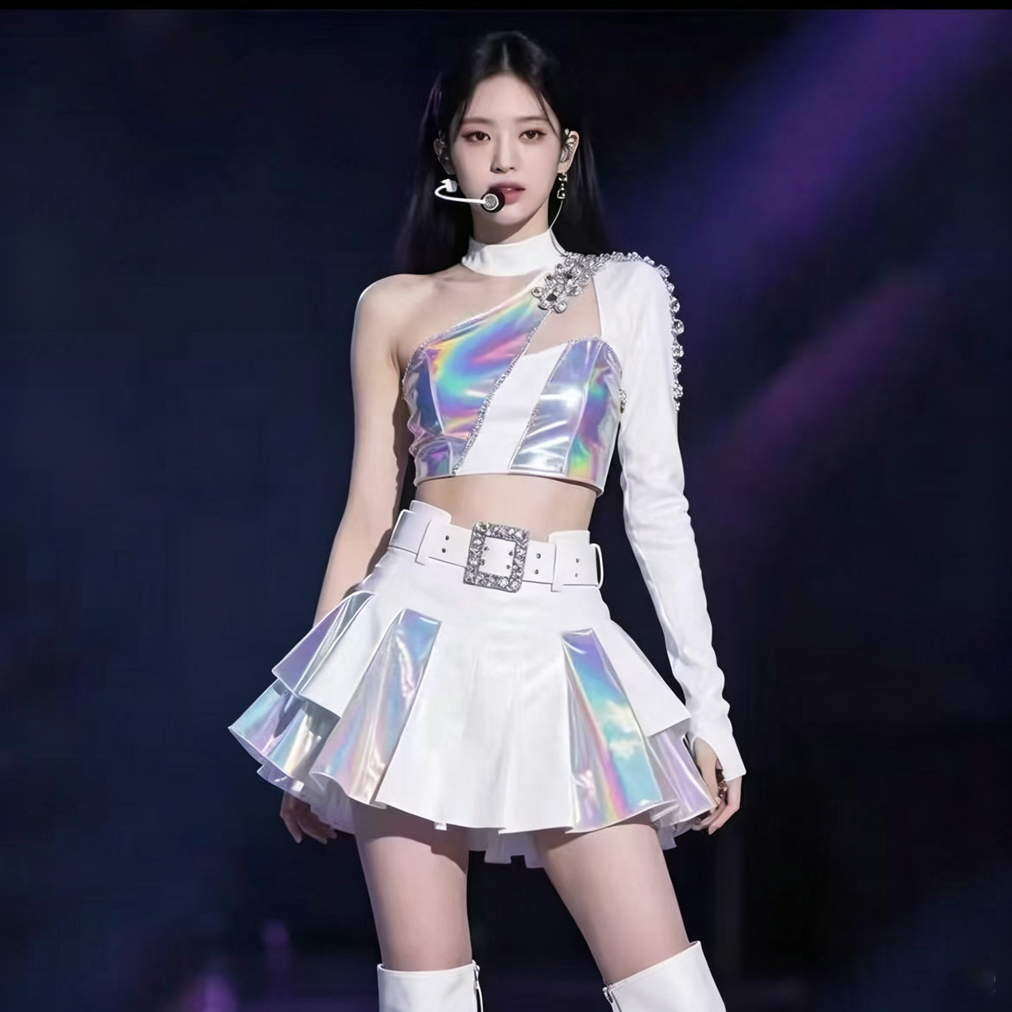 Costume de danseuse de jazz pour femme, hauts blancs en patchwork, jupes sexy, shorts moulants, costumes de groupe pour femmes, vêtements de scène Kpop DJ
